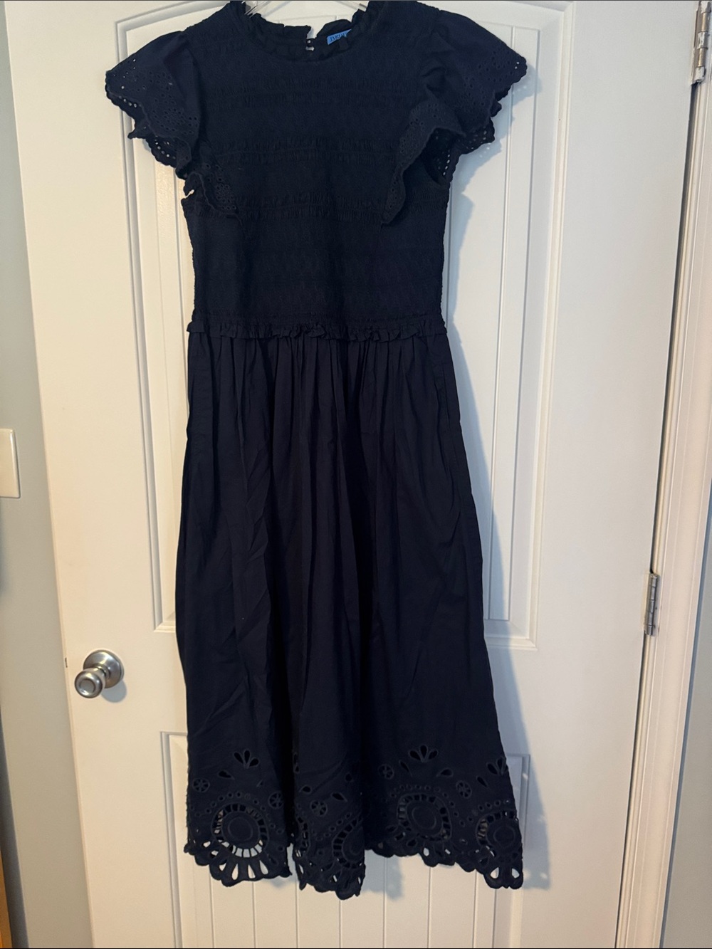 Navy Eyelet Flutter-Sleeve Midi Dress